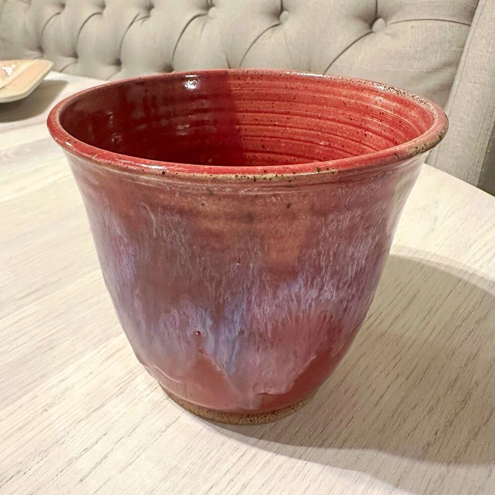 Coral Pink Studio Pottery Planter 6” Reactive Drip Glaze Signed Stoneware